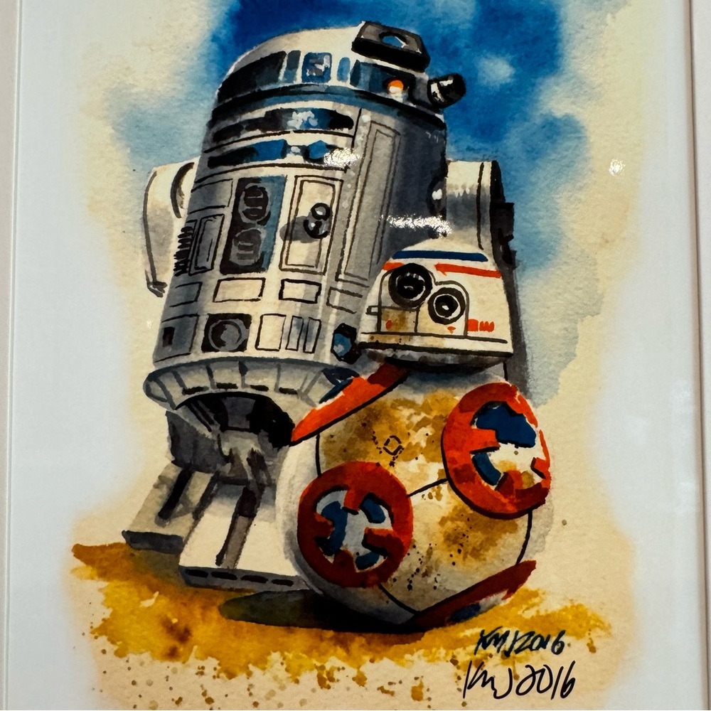 Star Wars R2-D2 & BB-8 Watercolor Print Framed White 11”x14” Matted To 8”x10”